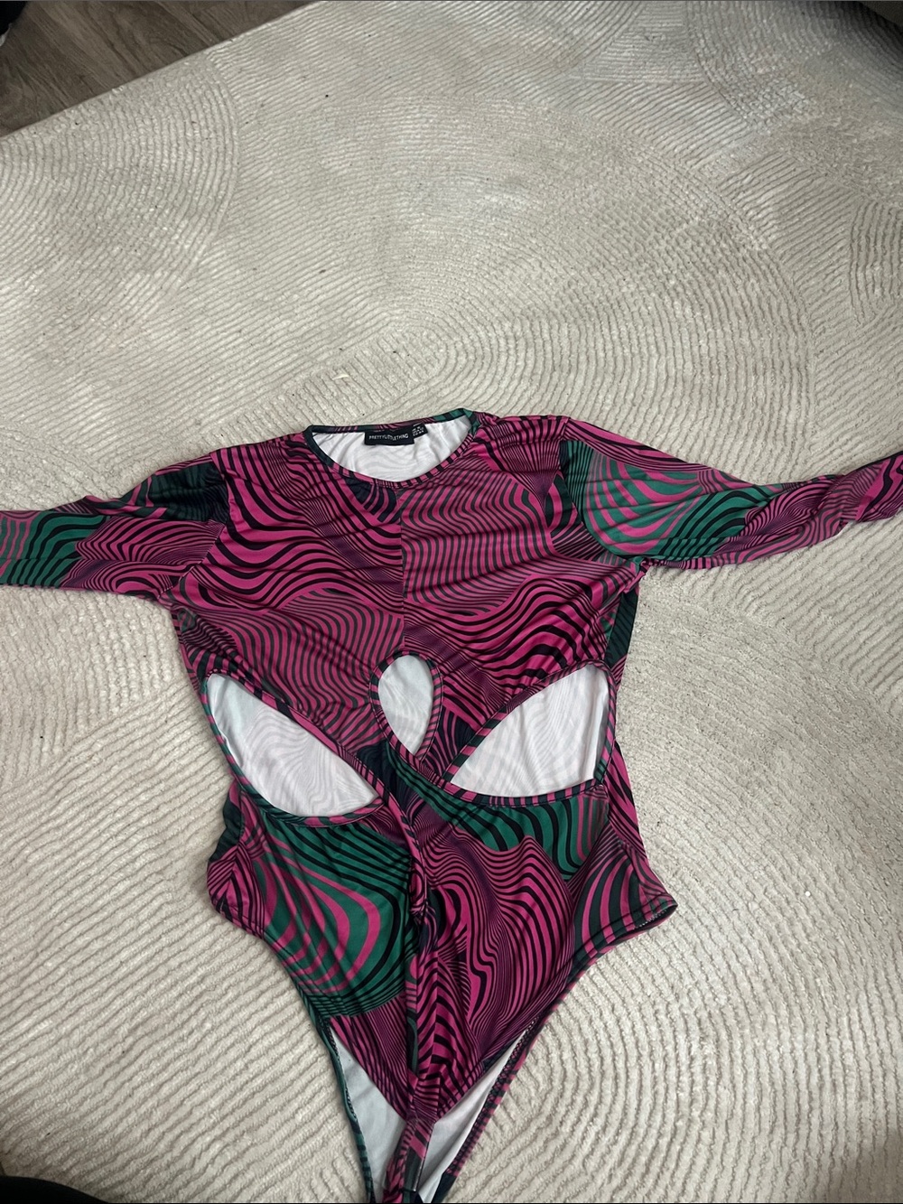PrettyLittleThing Pink & Green Long Sleeve Cutout Swimsuit Bodysuit